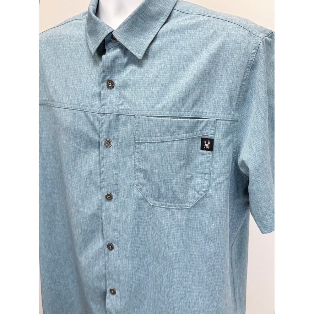 Spyder Mens Short Sleeve Button Down Shirt Blue Heathered Outdoor Active Top - Picture 2 of 12
